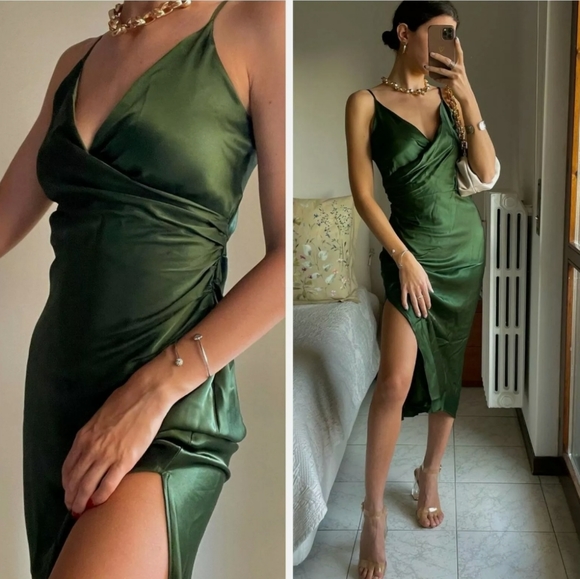 Zara * Satin Effect Slip Green Draped lingerie style dress - Picture 15 of 16
